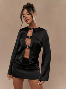 MISSGUIDED 缎面金属扣细节前开长袖上衣和紧身迷你裙两件套 - 黑色 - 查看 5