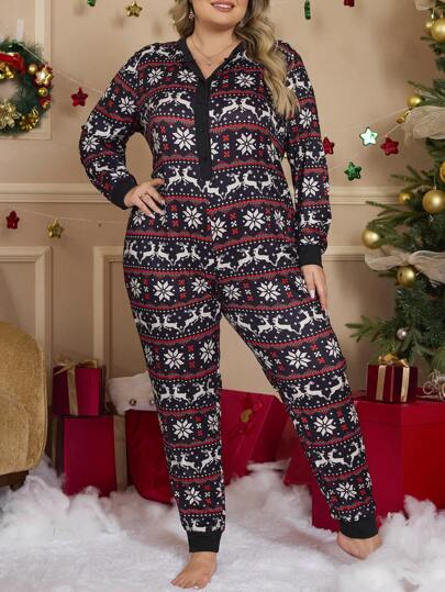 Christmas Deer & Snowflake Printed Plus Size One-Piece Pajama Jumpsuit, Winter