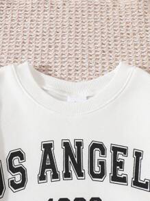 SHEIN Tween Girl 春秋字母印花圆领运动衫和抽绳裤 2 件套休闲运动套装 - 黑色 - 查看 5