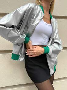 SHEIN Essnce 女士休闲时尚现代撞色边饰拉链口袋银色 PU 夹克带口袋棒球服飞行员夹克银色 PU 女式外套冬季拼接长袖反光棒球服圆领皮夹克女士秋季女装 - 彩色 - 查看 1