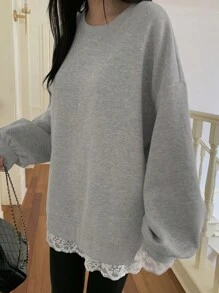 DAZY Women Casual Lace Patchwork Crew Neck Long Sleeve Sweatshirt,Fall Women Clothes