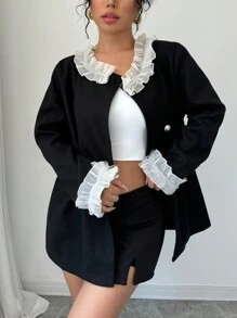 Chiquease Autumn Elegant Contrast Color Ruffle Collar Coat - Black - View 6