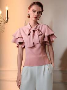The Great Gatsby x MOTF Blouse à manches courtes superposées avec nœud devant