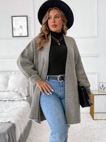 SHEIN LUNE Plus Size Casual Diamond Pattern Stripe Pattern Loose Versatile Autumn Cardigan Without Buttonsbusiness Casual Woman, Holiday Outfits, Country Tops, For Winter - Coffee Brown - View 3