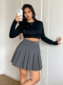 SHEIN EZwear Falda corta informal plisada gris para mujer de talla grande - Gris - Ver 7