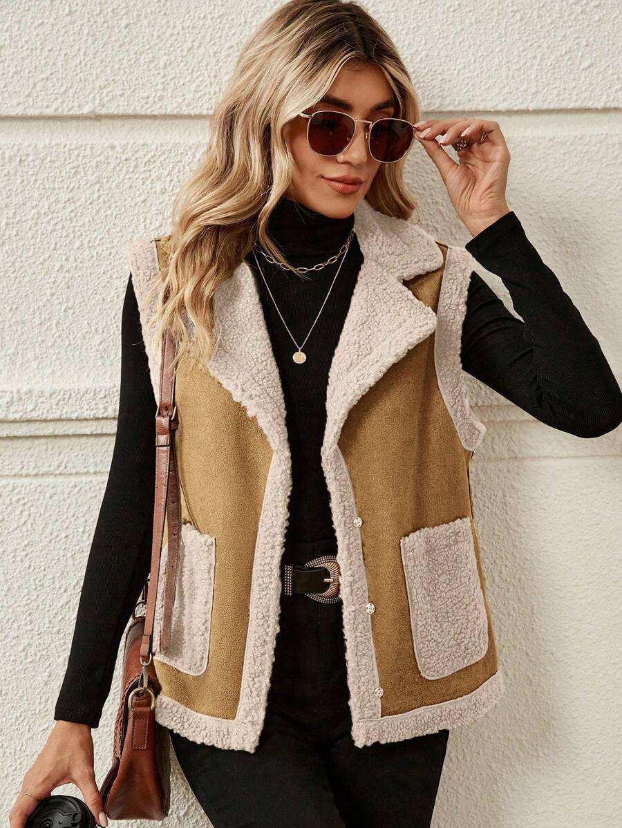SHEIN LUNE Áo khoác vest vải chắp vá hai túi đơn giản cho nữ, mùa thu - màu nâu - Xem 1
