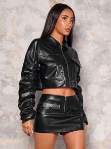 Glamine Women's Dropped Shoulder Long Sleeve Ruched PU Leather Biker Jacket, Spring Autumn - Black - View 7