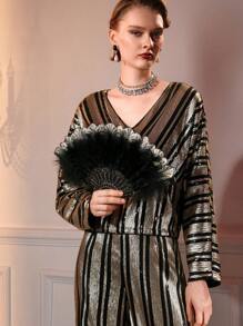 The Great Gatsby x MOTF SEQUINS V-NECK STRIPED PATTERN BLOUSE - Black and Gold - View 7