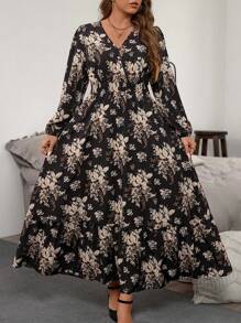 SHEIN LUNE Đầm dài in hoa thanh lịch cỡ lớn, mùa thu - Nhiều màu - Xem 4