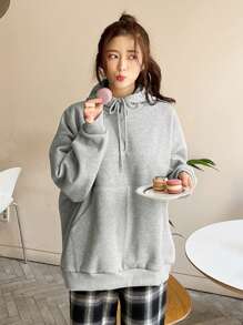DAZY Áo nỉ trùm đầu túi rộng màu trơn thường ngày dành cho nữ - Xám - Xem 5