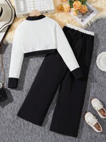 Conjunto de 2 piezas con chaqueta top de color contrastante y pantalón casual largo para niña preadolescente - Blanco y Negro - Ver 2