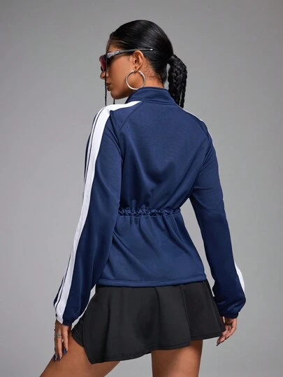 Innovista Women Loose Fit Adjustable Waist Cinching Contrasting Ribbon Stand Collar Sports Jacket, Zip Up Woman Jacket, Fall Woman Outfits, Women Jackets, Short Jacket, Outdoor Jacket, Run, Blue Jacket, Outdoor, Tracksuit, Camping, Knitting Jacket, Winter Women Jacket, Winter Women Clothes Fall Outfits For Women Cool Light Blue Fall New Style Women Utilitarian Chic, Fall Winter Athletic Wear, Striped Design