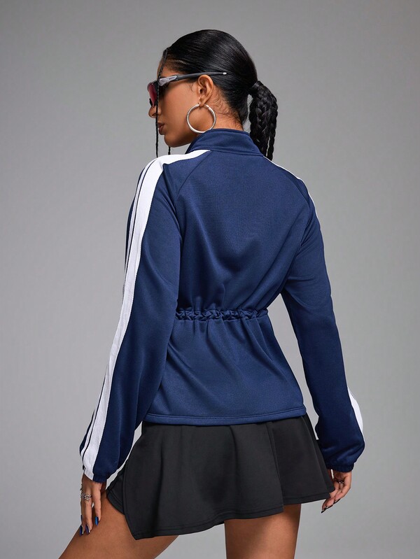 Innovista Chaqueta deportiva para mujer con ajuste holgado, cintura ajustable, cuello de cinta de contraste, cremallera, para otoño, azul claro, para exteriores, chaqueta de entrenamiento, campamento, punto, invierno