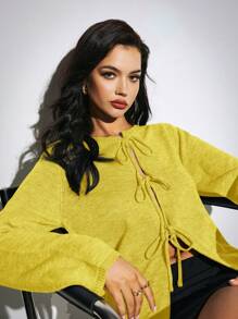 Poéselle Bow Tie Cardigan, Tie Front Knitted Cardigan, Loose Cardigan Sweater, Autumn Sweater, French Sweater, Yellow, Christmas Sweater, Plush Sweater - Yellow - View 5