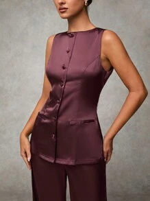 SHEIN BAE Women Chestnut & Burgundy Plain Front Button Sleeveless Casual Top & Pants Set