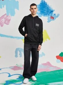 Nick 90s | SHEIN Unisex Casual Loose Graphic Print Black Hoodie