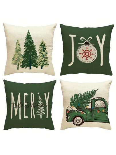 Juego de 4 fundas de almohada navideñas de invierno - Verde y blanco acogedor con diseños festivos de árboles y autos, cierre con cremallera, lavable a máquina - Perfecto para decoración de sofá, dormitorio y sala de estar