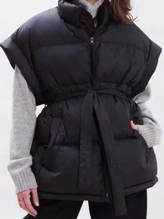 DAZY Women's Solid Color Zipper Front Sleeveless Casual Padded Coat, Winter Women Clothes, Padded Coat Women