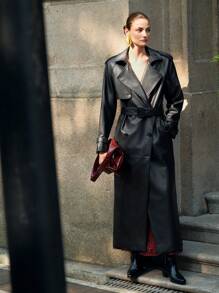 SHEIN X Lucía Bellido Anewsta Women Black Epaulet Design Loose Fit Long Over-The-Knee Faux Leather Coat