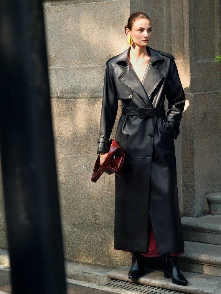 Women Black Epaulet Design Loose Fit Long Over-The-Knee Faux Leather Coat