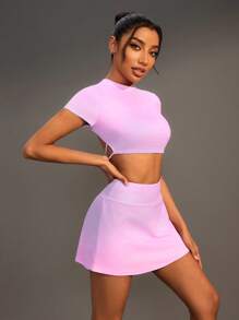 Easithlete Bộ đồ thể thao áo crop top hở lưng thoải mái tối giản và váy có túi đựng điện thoại cho nữ - Hồng - Xem 2