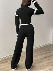 SHEIN Unity Women's Casual Colorblock Patchwork Cardigan And Pants 2-Piece Knitted Suit Set Fall Winter Cloth For Women