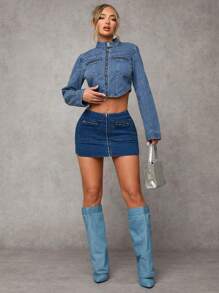 SHEIN BAE Women's Denim Mini Skirt, Sexy Low-Waist Bodycon, Blue - Dark Wash - View 3