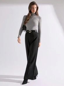 SHEIN Cottnline Women's Solid Color Straight Leg Casual Pants - Black - View 1