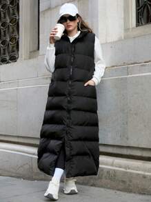 EURMUSE Women's Winter Solid Sleeveless Asymmetrical Pocket Zip Long Padded Coat - Black - View 6