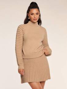 Glamine 2 件套女士休闲立领插肩袖简约毛衣和裙子套装，秋冬 - 卡其色 - 查看 6