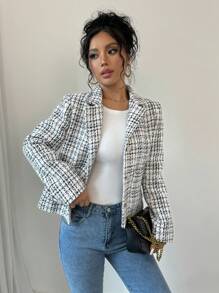 Chiquease Women's Plaid Print Double Breasted Pocket Long Sleeve Blazer Fall Cloth For Women