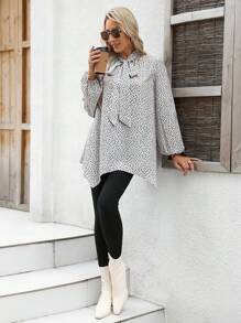 SHEIN Clasi Blusa elegante de manga farol con cuello de lazo y estampado de lunares para mujeres en primavera y verano