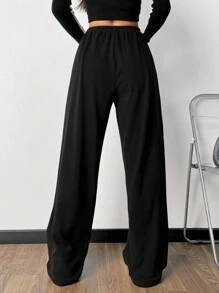 SHEIN EZwear 大码女式系腰宽松保暖内衬阔腿休闲裤，黑色保暖喇叭裤宽松裤 Y2k 加热裤保暖裤 - 黑色 - 查看 5