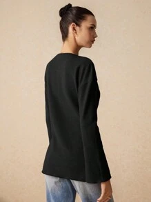 Poéselle 珍珠前扣 V 领腰线“新面貌”喇叭袖开衫，春秋装，秋装，女装，休闲女装，女装，纯色，纽扣 - 黑色 - 查看 7