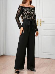 SHEIN Clasi Women's Off-Shoulder Floral Lace Tie-Waist Jumpsuit For Spring And Autumn