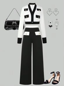 Conjunto de 2 piezas con chaqueta top de color contrastante y pantalón casual largo para niña preadolescente - Blanco y Negro - Ver 7