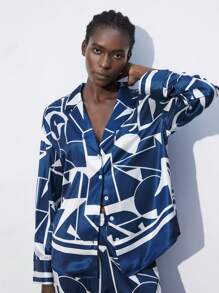 Maija Women's Geometric Print Oversized Loose Casual Blouse With Dropped Shoulders, Spring/Fall - Navy Blue - View 10