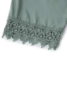 SHEIN LUNE Plus Size Women's Spring/Autumn Solid Color Contrast Lace Tie Neck Loose Blouse - Green - View 3