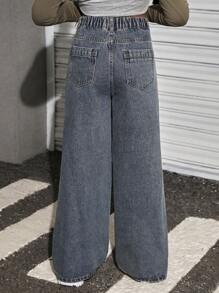 SHEIN Celana Jeans Longgar Model Lebar Berwarna Biru Vintage dengan Efek Sobek untuk Remaja Perempuan - Medium Wash - View 2