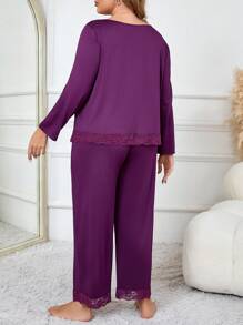 大码蕾丝拼布长袖睡衣套装