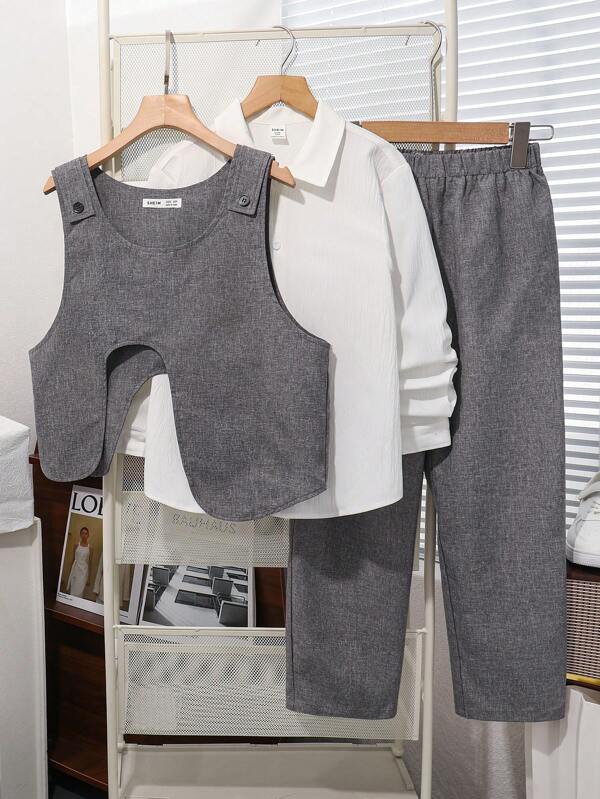 3 stuks/set Tween Boy Casual School Style Shirt, Vest en Broek Set, Geschikt voor woon-werkverkeer, school, vrije tijd en sport, Geschikt voor herfst/winter