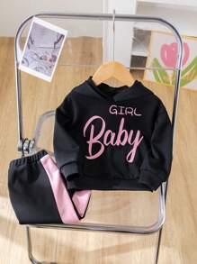 SHEIN 2 件装女婴可爱字母图案拼色连帽运动衫和松紧腰裤套装，秋冬装 - 黑色 - 查看 7