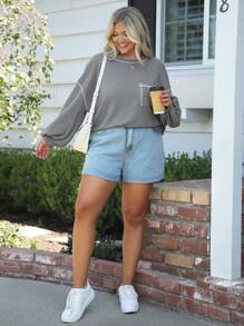 SHEIN LUNE 长袖衬衫外出上衣撞色条纹纹理舒适面料口袋圆领宽松休闲大码 T 恤保暖衬衫，适合冬季