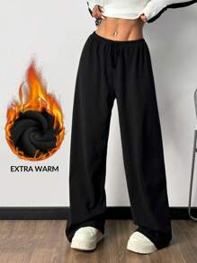 SHEIN EZwear 大码女式系腰宽松保暖内衬阔腿休闲裤，黑色保暖喇叭裤宽松裤 Y2k 加热裤保暖裤 - 黑色 - 查看 1
