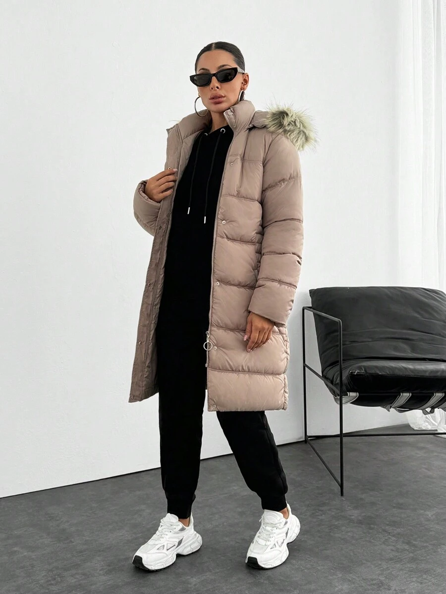 EURMUSE SNAP BUTTONED FAUX HOODED PUFFER WINTERCOAT - Beige - View 1