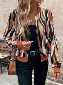 EMERY ROSE 女式几何印花立领拉链休闲/通勤优雅保暖棒球夹克，秋冬 - 彩色 - 查看 3