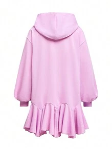 SHEIN X Care Bears Designer Tween Girl Casual Cute Bear & Heart Print Dropped Shoulder Oversize Ruffle Hem Hooded Dress