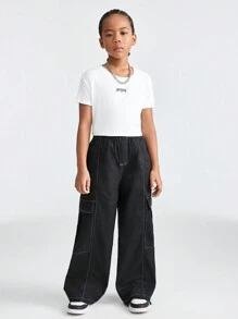 SHEIN Sportliches Crop Top und Utility Hose Set in loser Passform für Tween Mädchen, 2 Stück - Schwarz und Weiss - Übersicht 5