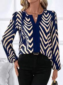 SHEIN Clasi 女士纯色拼接 V 领长袖休闲衬衫