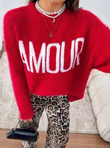 Chiquease Women Red Round Neck Long Sleeve Letter Pattern Sweater, Knit Pullover Fall Winter - Red - View 3